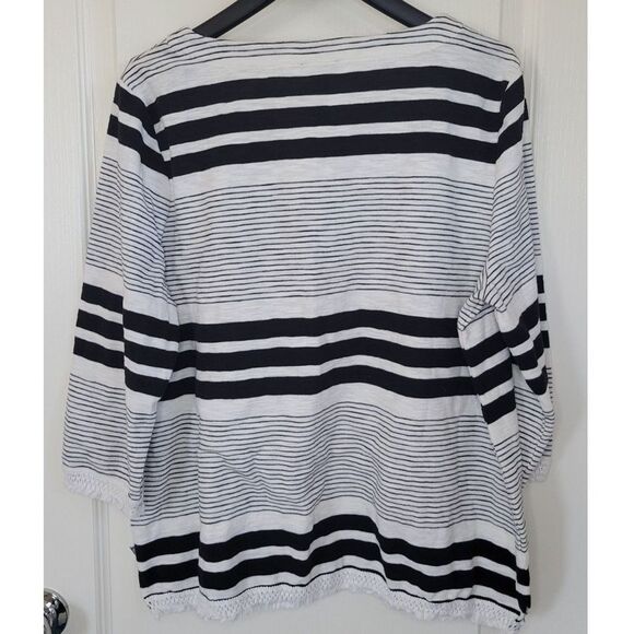 T by TALBOTS White Black Striped Tunic Fringe Hem Top Shirt - Picture 2 of 4